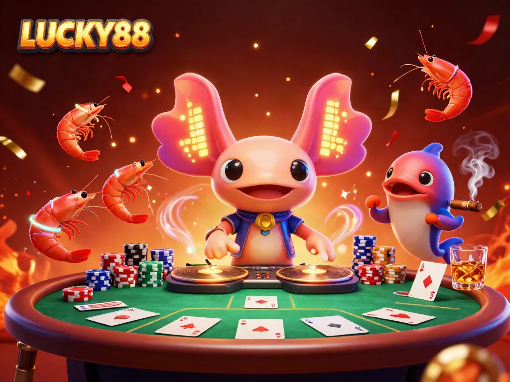 Engage with LUCKY88's vibrant casino atmosphere in a colorful illustration of a neon axolotl DJ spinning records surrounded by poker elements.