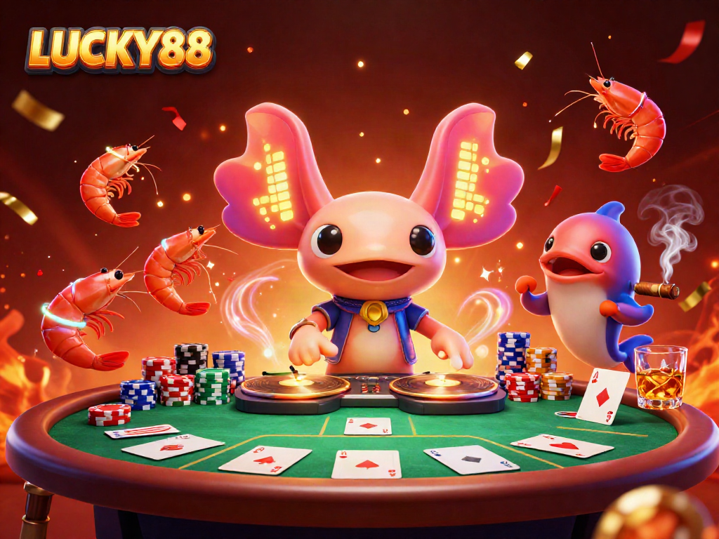 Engage with LUCKY88's vibrant casino atmosphere in a colorful illustration of a neon axolotl DJ spinning records surrounded by poker elements.