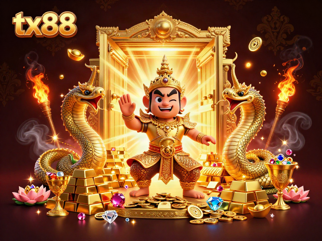 Engage in thrilling gameplay with tx88 at our lively casino, showcasing festive Thai guardian characters.