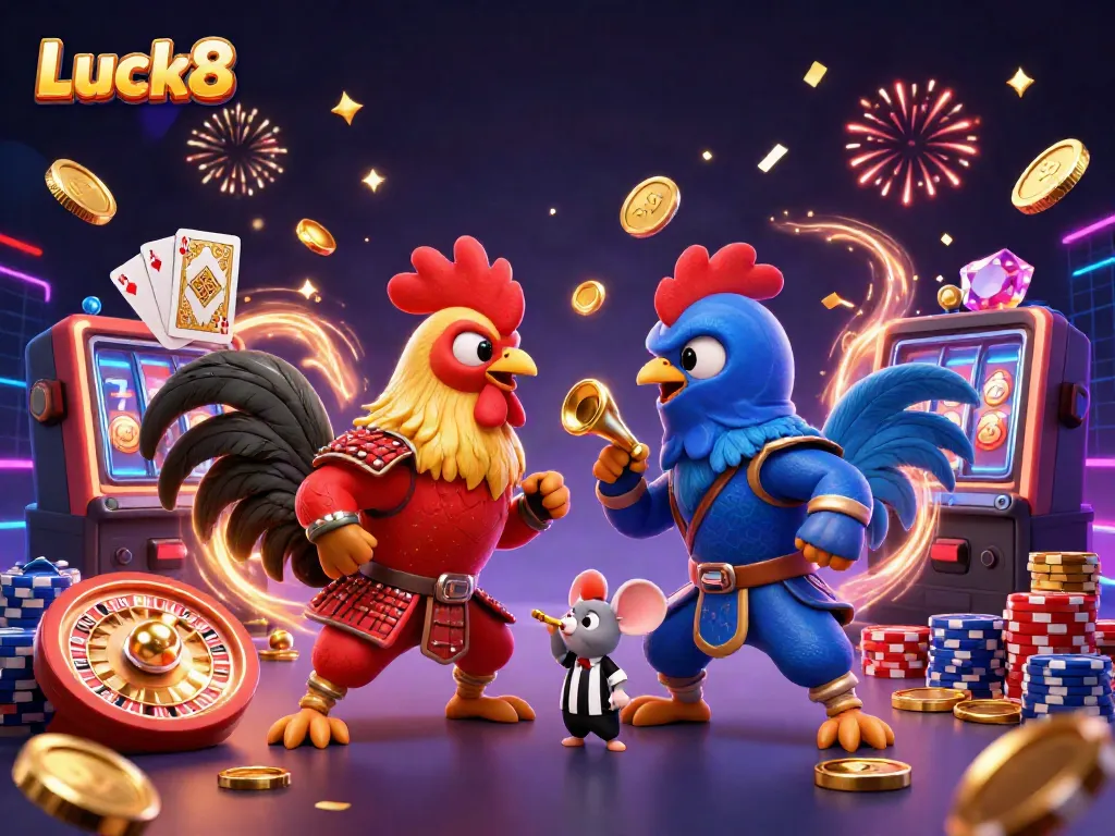 Witness a thrilling standoff between Luck8's fighting roosters, set in a vibrant casino atmosphere filled with dynamic elements.