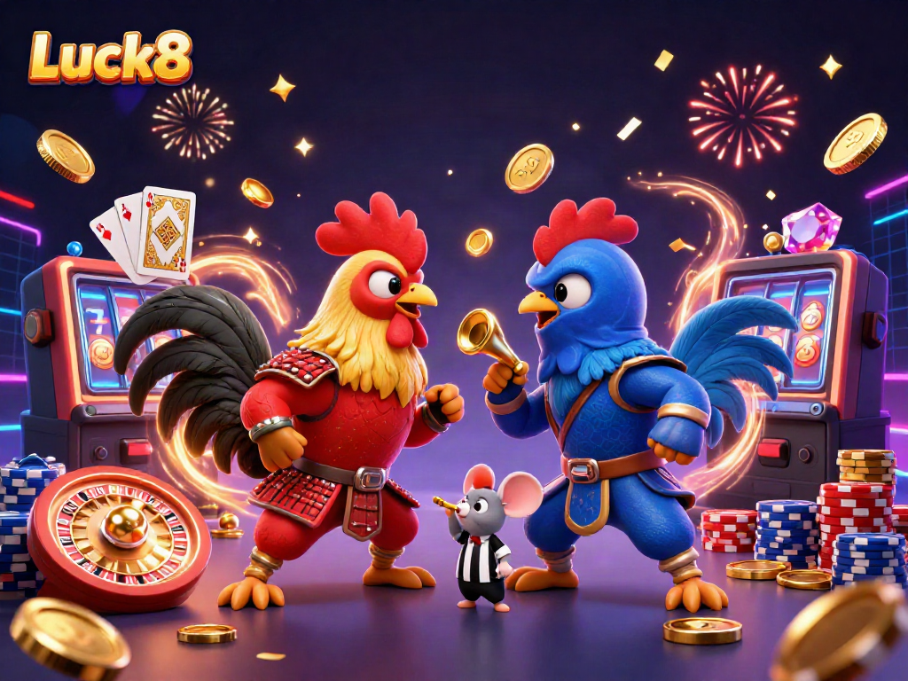 Witness a thrilling standoff between Luck8's fighting roosters, set in a vibrant casino atmosphere filled with dynamic elements.