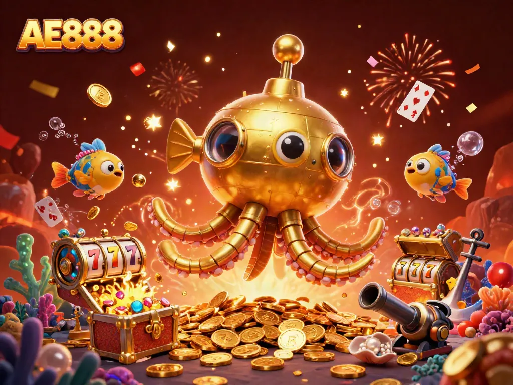 Experience the thrill of winning at AE888 with a golden kraken submarine, slot reels, and confetti.