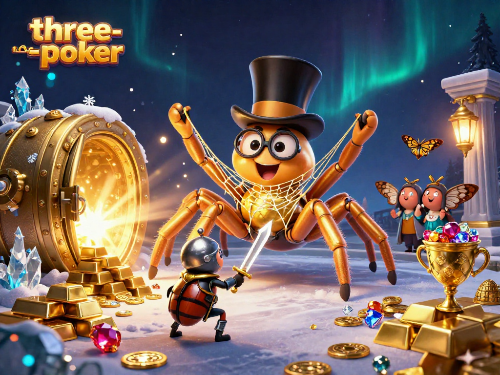 Experience the excitement of three-card-poker in a vibrant 3D casino scene with dynamic characters.