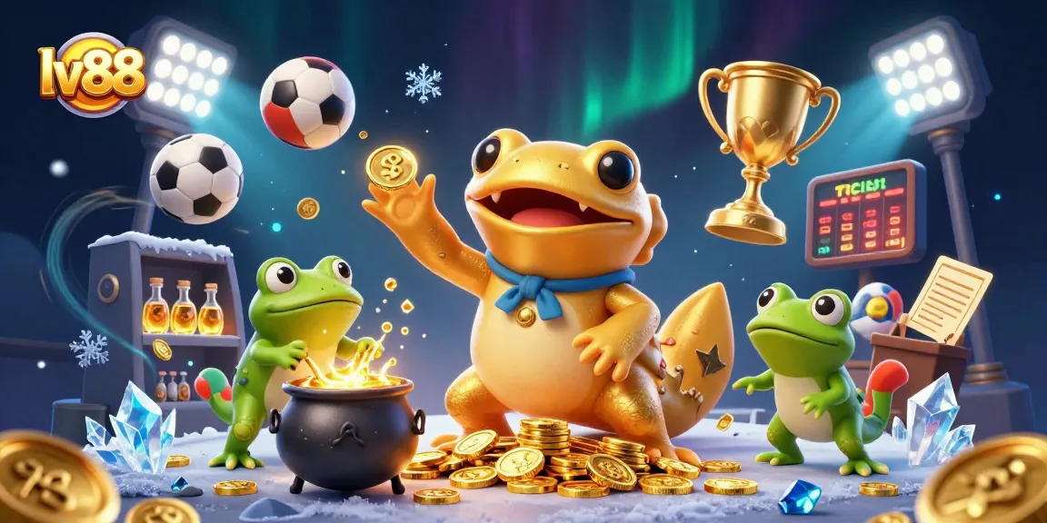 Engage in gaming excitement with lv88 as lucky coins and sports elements swirl around dynamic characters.