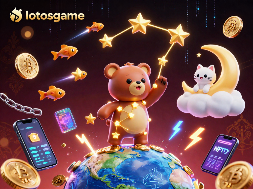 Engage with lotosgame and win as a constellation bear gathers coins amid a digital casino.
