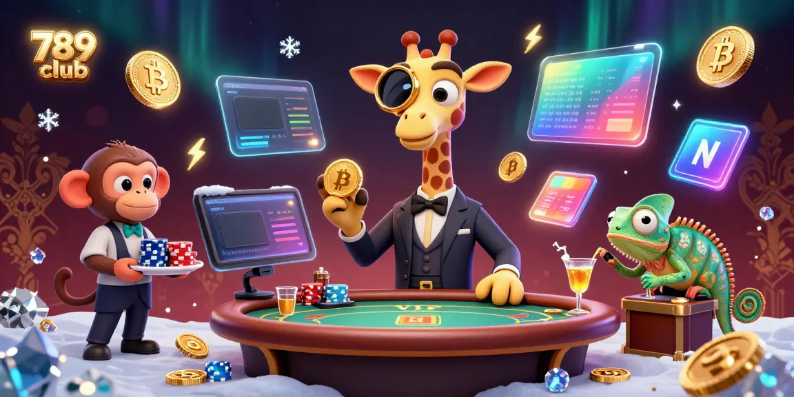 Experience the vibrant atmosphere of 789 club with a high-roller giraffe at a poker table, amidst glowing cryptocurrencies.