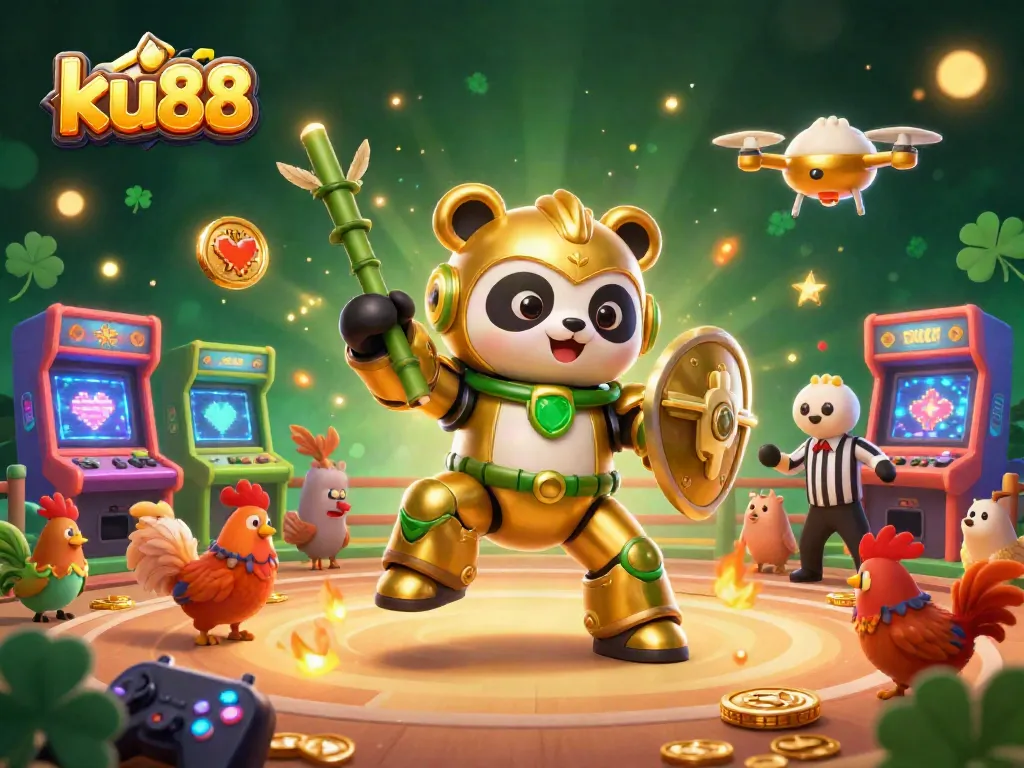 Experience thrilling ku88 cockfighting action with a golden panda piloting a bamboo robot in a vibrant arena.
