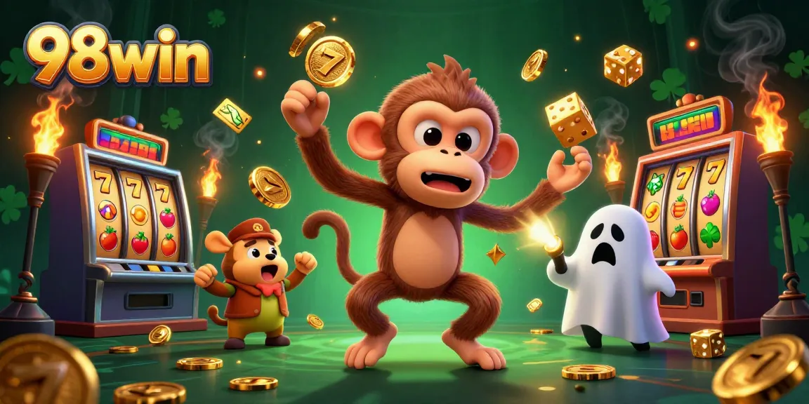 Engage in thrilling slots at 98win with a mischievous poltergeist monkey juggling golden coins.