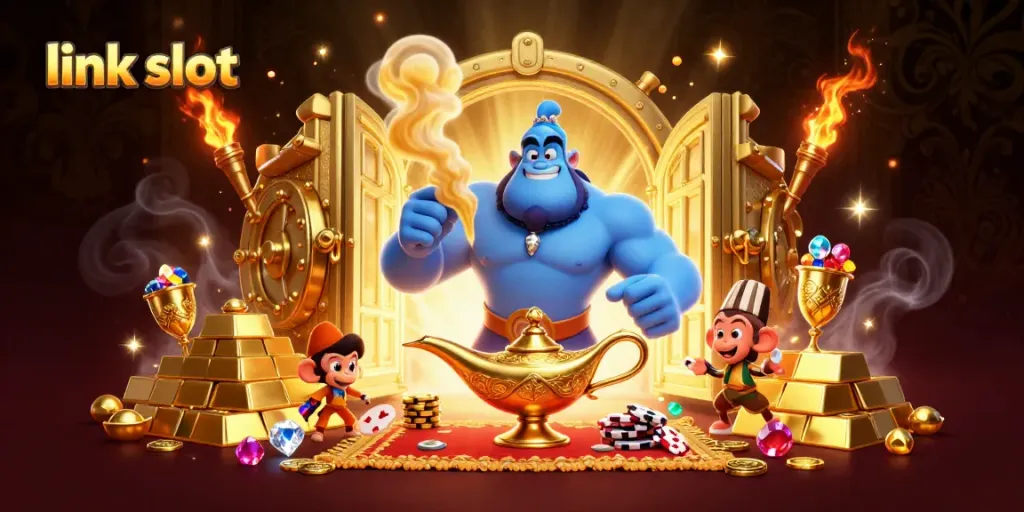 Experience thrilling gameplay with link slot featuring a genie and treasures in a vibrant casino setting.