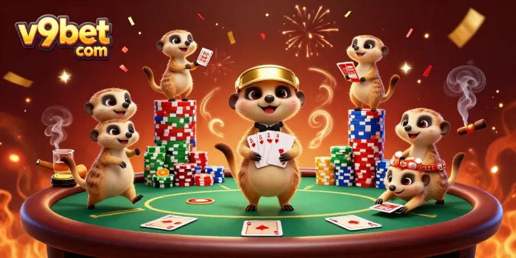 Experience the excitement of v9bet com with meerkats running a lively casino operation as they deal cards and sneak chips.