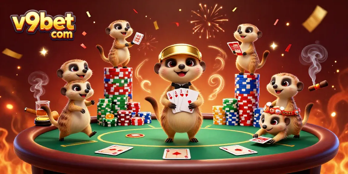 Experience the excitement of v9bet com with meerkats running a lively casino operation as they deal cards and sneak chips.