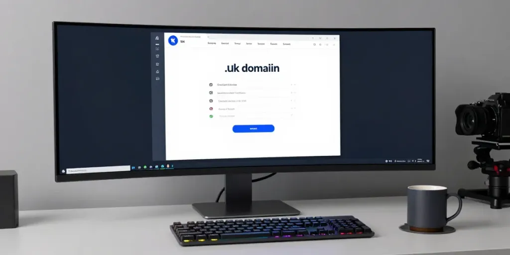 .uk domain registration dashboard on a sleek computer monitor showcasing domain management software and tools for seamless registration.