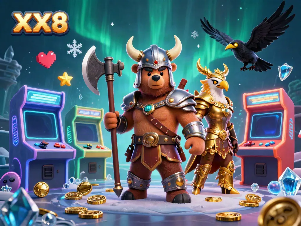 Participate in the thrilling world of XX8 with Viking characters and vibrant gaming elements.