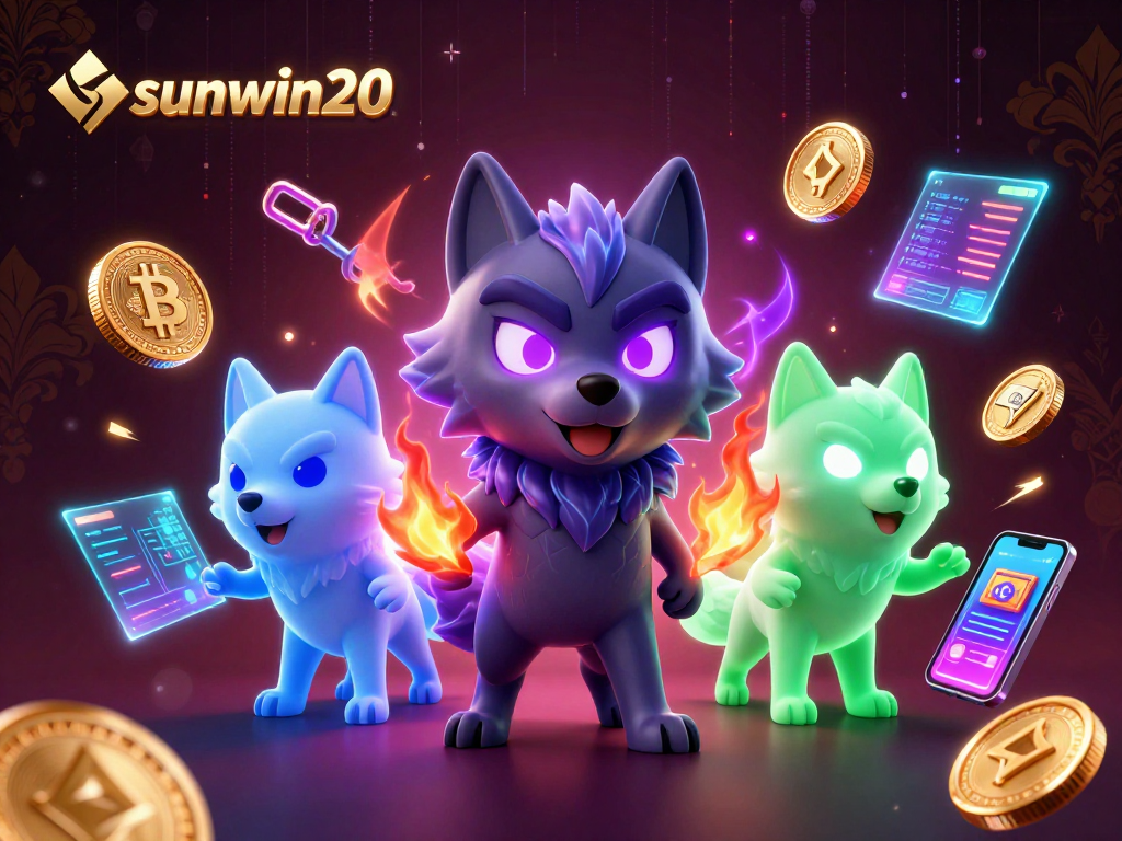 Experience thrilling gameplay with sunwin20's dynamic 3D cryptocurrency illustration featuring wolves.