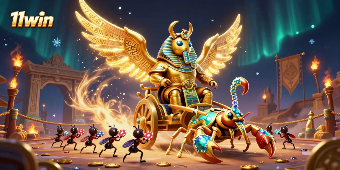Engage with 11win's thrilling 3D casino scene featuring a scarab beetle, scorpions, and poker chips.