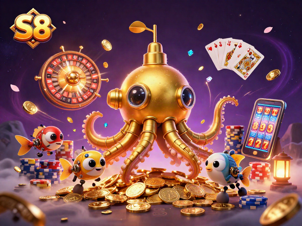 Experience S8's thrilling slot reels spinning with golden kraken amidst vibrant coins and cards.