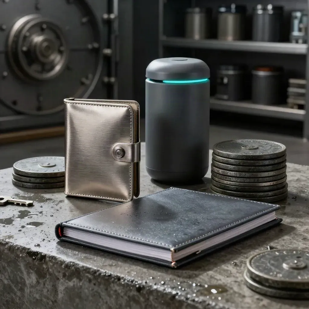 Treasury vault tableau with hardware wallet, cold-storage capsule, token plates and risk binder.