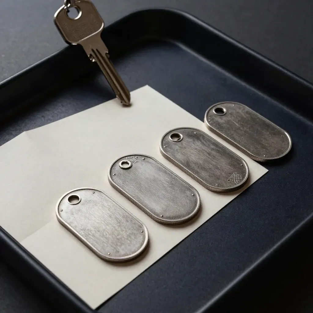 Matte token blanks and a paper template in a black tray under hard cinematic light.