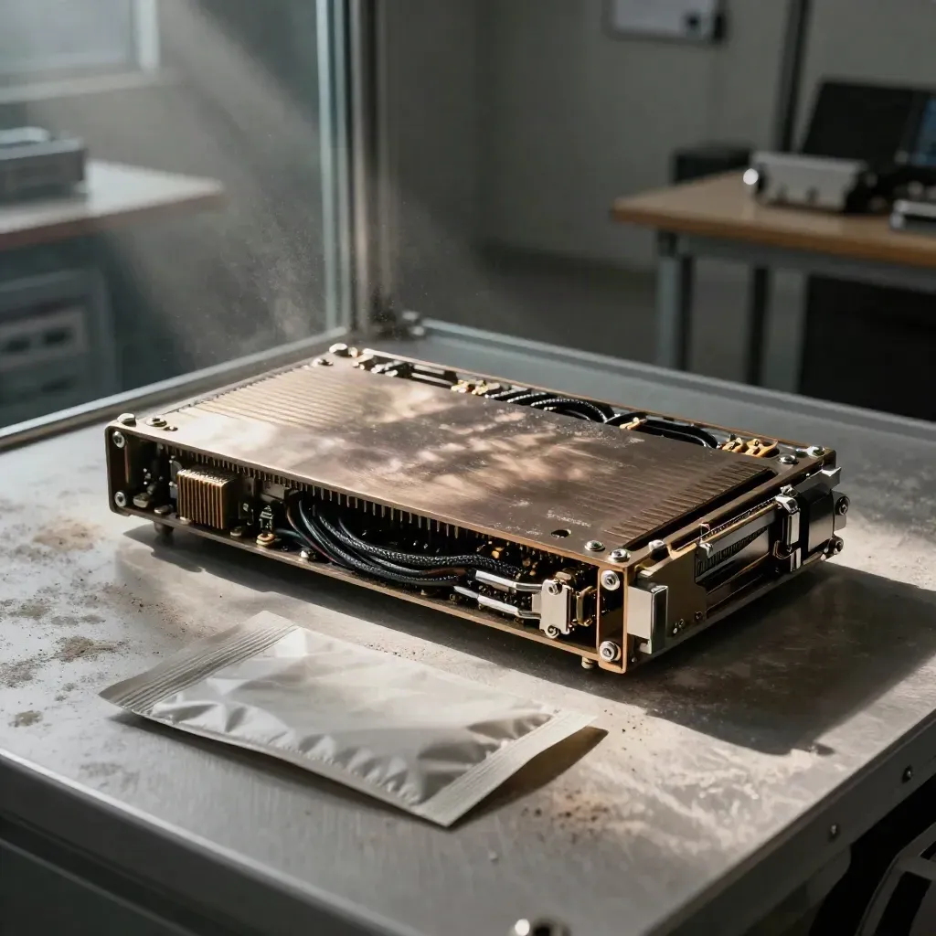 Open server module beside a sealed evidence pouch on an anti-static mat in a glass review room