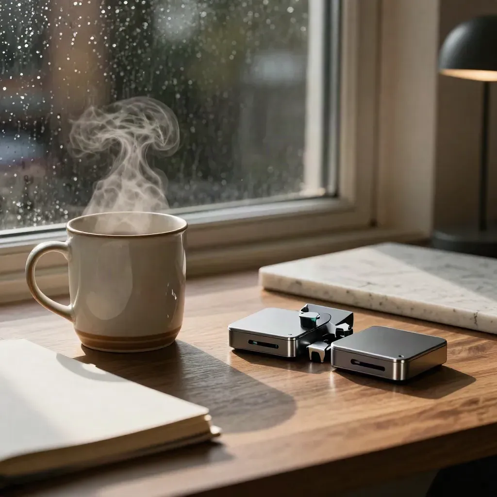 Steam over a rain-window research desk with mug, closed notebook and staking hardware.