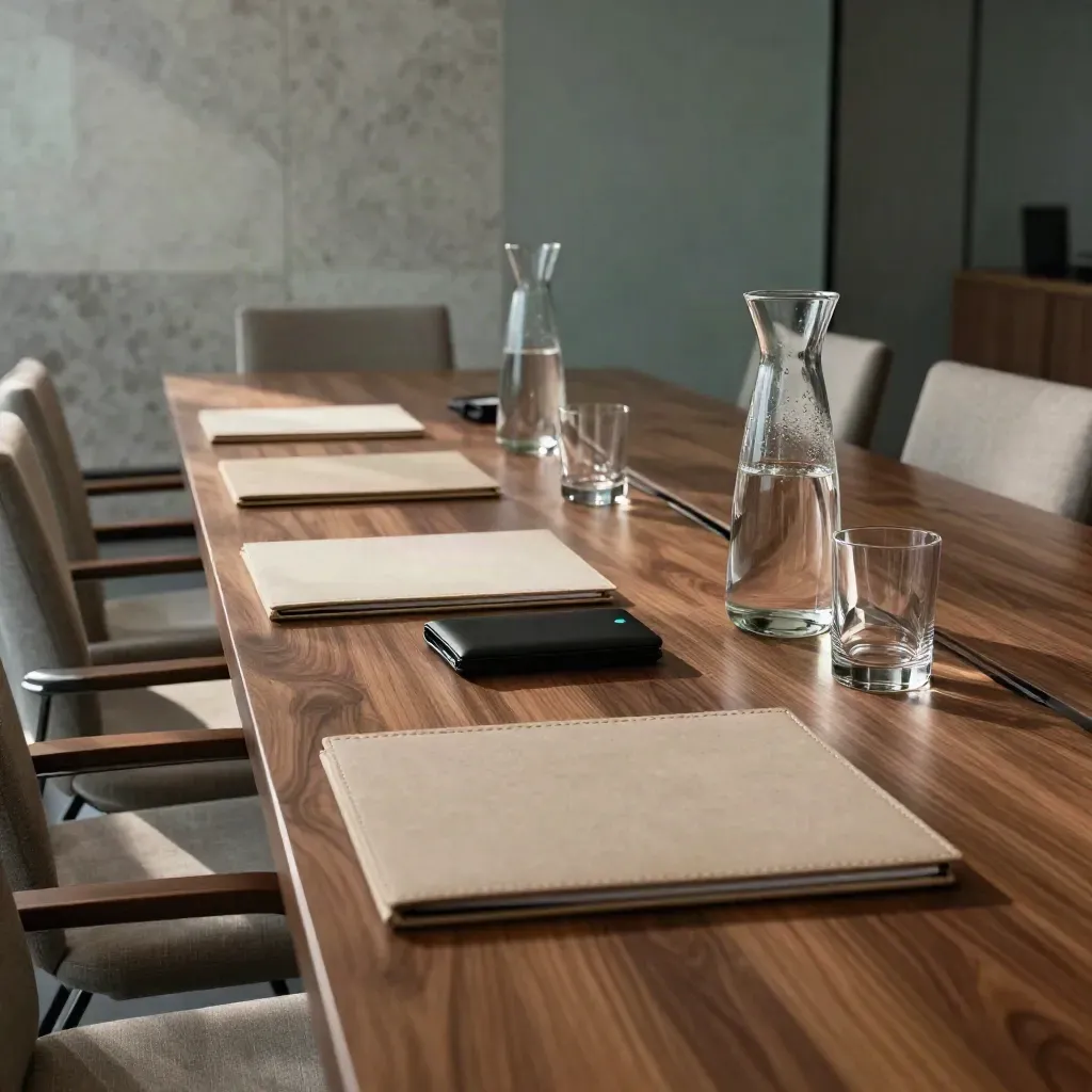 Wide boardroom table with closed policy folders, hardware wallet and carafe in morning light.