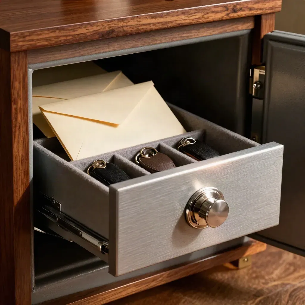 Half-open safe drawer with key fobs and sealed envelopes in warm documentary light