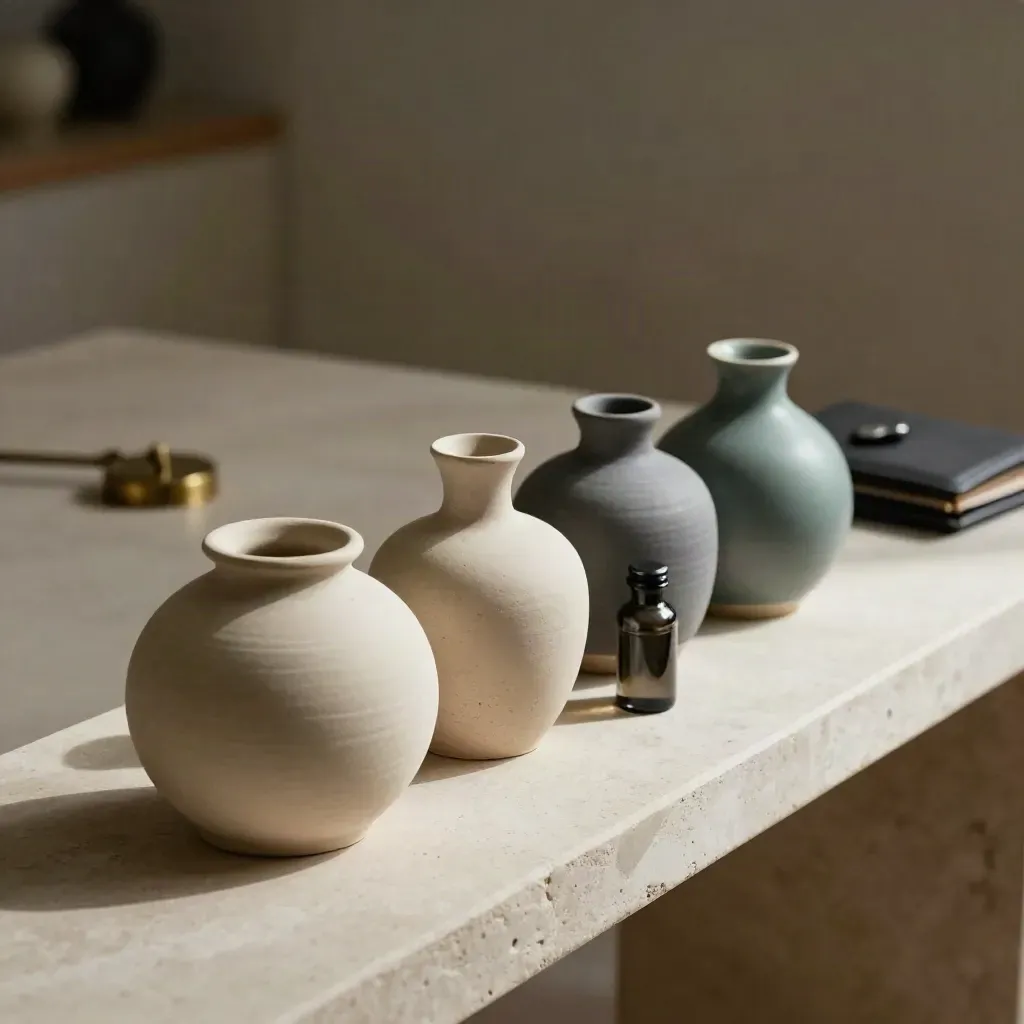 Ceramic yield vessels and a dark sample vial on stone, lit diagonally with soft bokeh.