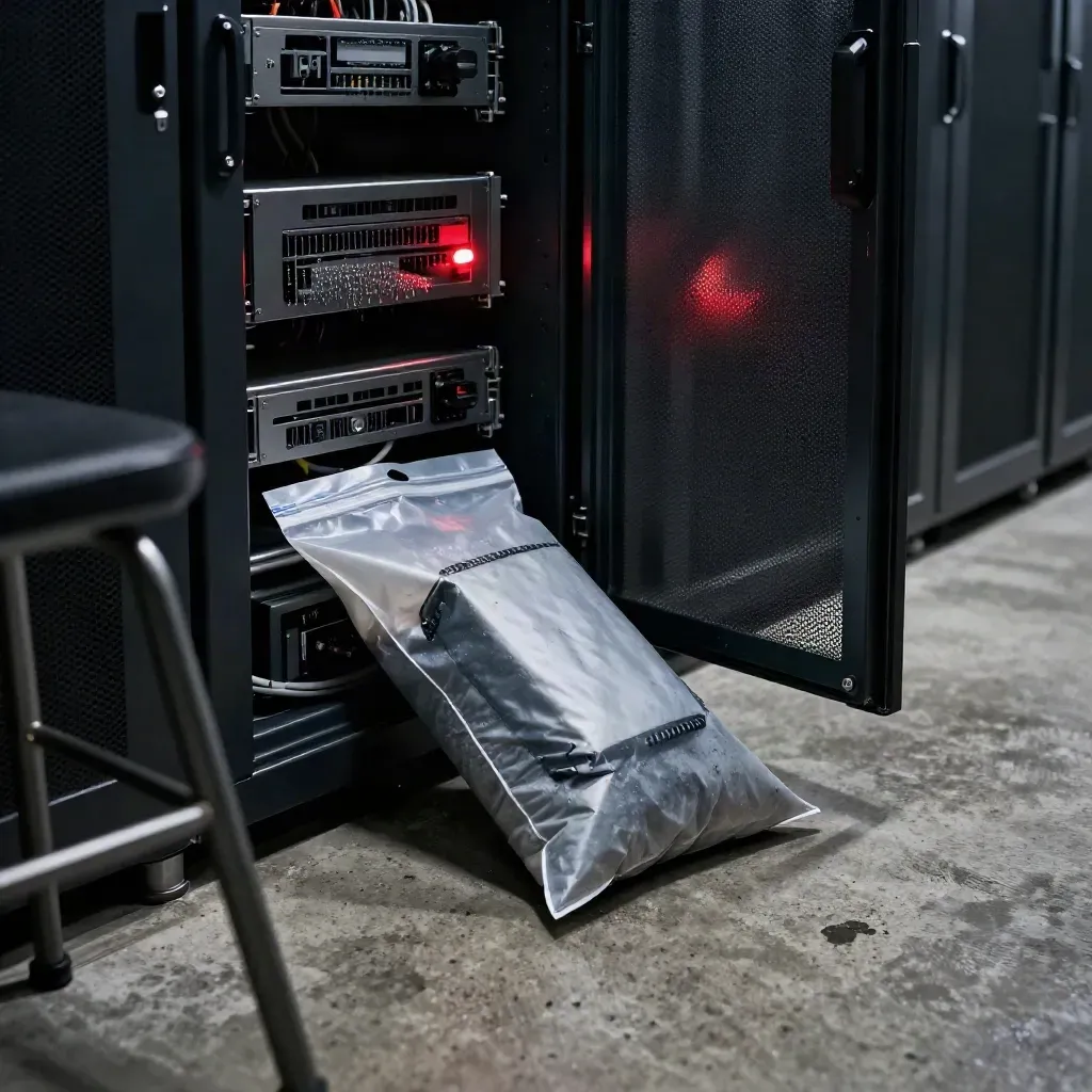 Low corridor view of a server cabinet, sealed evidence bag and warning light in a DeFi archive