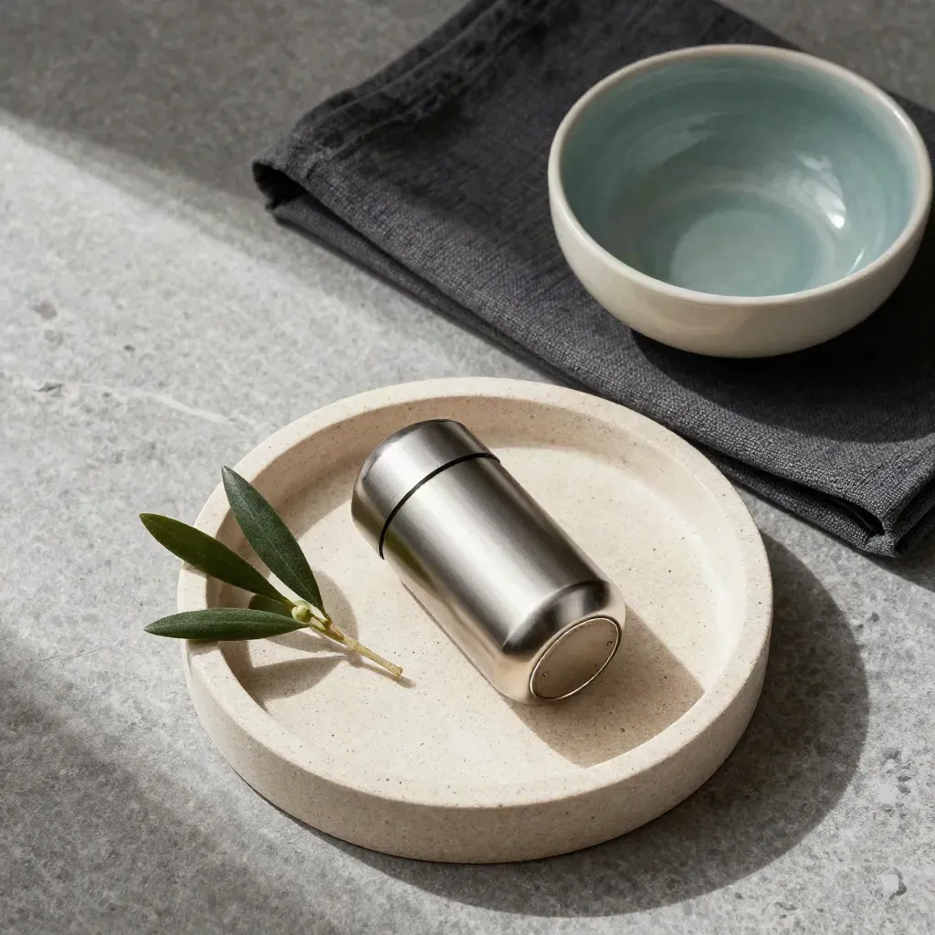 Top-down titanium cold-storage capsule on stone dish with olive sprig, linen and ceramic bowl.