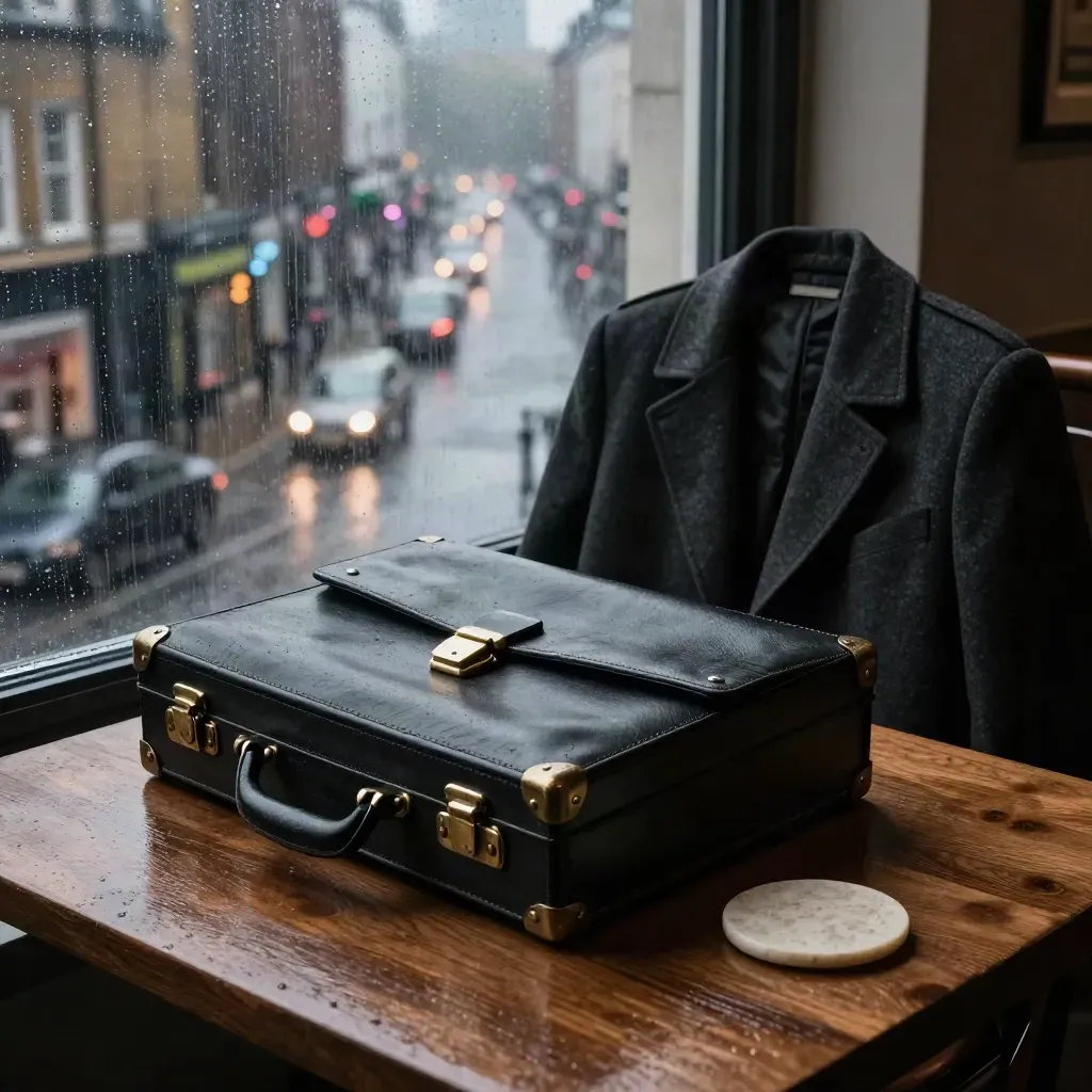 Rain-swept London window table with briefcase, wool coat, stone coaster, and glowing traffic outside.