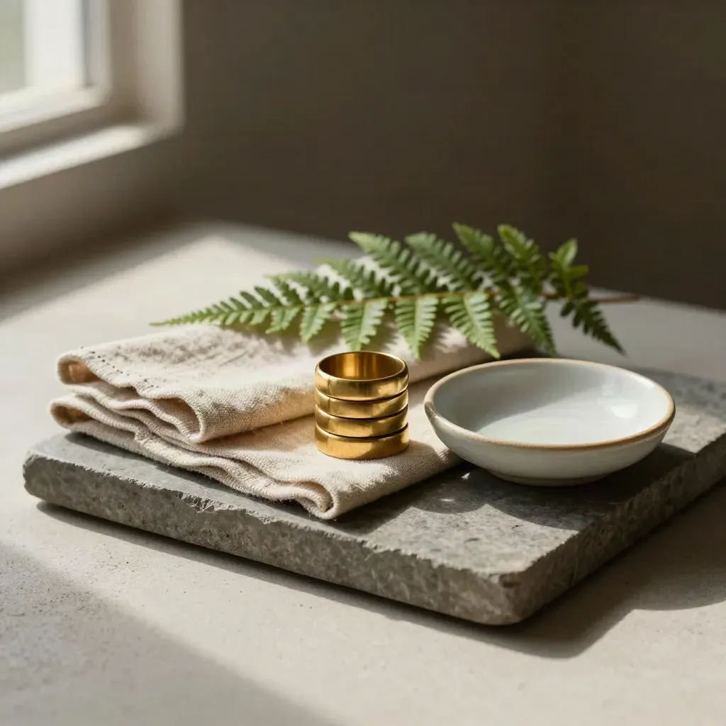 Brass ring stack on stone tray with oat linen, fern sprig and ceramic dish in soft light.