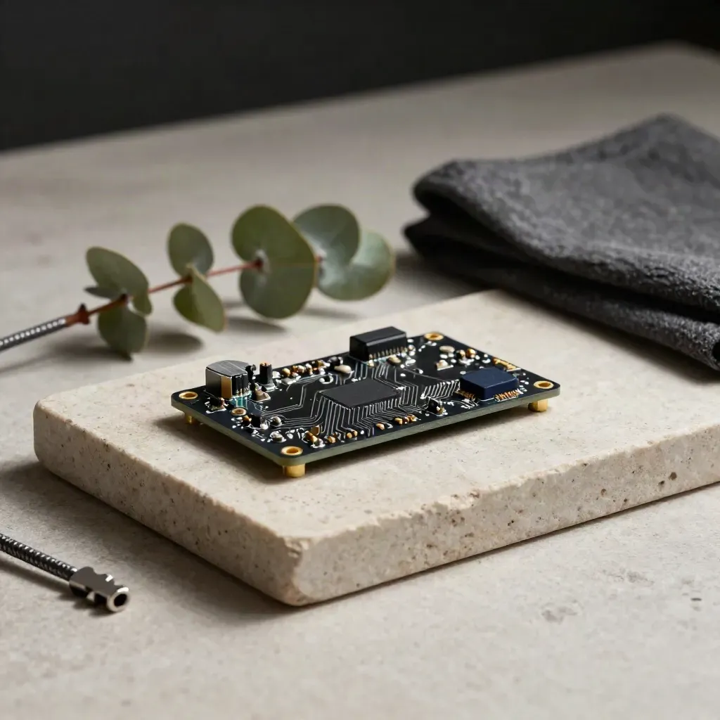 Matte circuit module in stone tray with eucalyptus and slate cloth on a pale work surface.