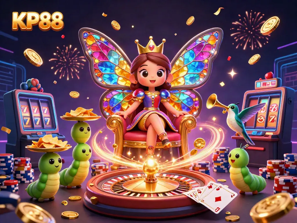 Experience thrilling casino magic with KP88's enchanting butterfly queen illustration.