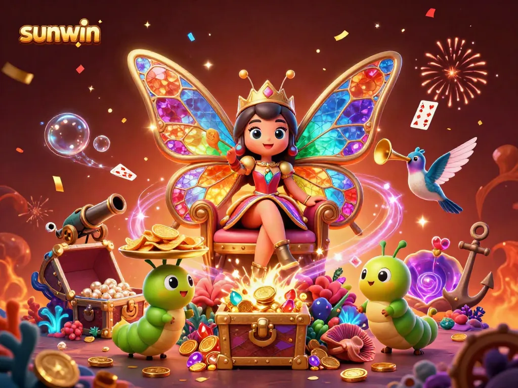 Experience the vibrant gaming universe of sunwin with the whimsical butterfly queen and dazzling treasures.