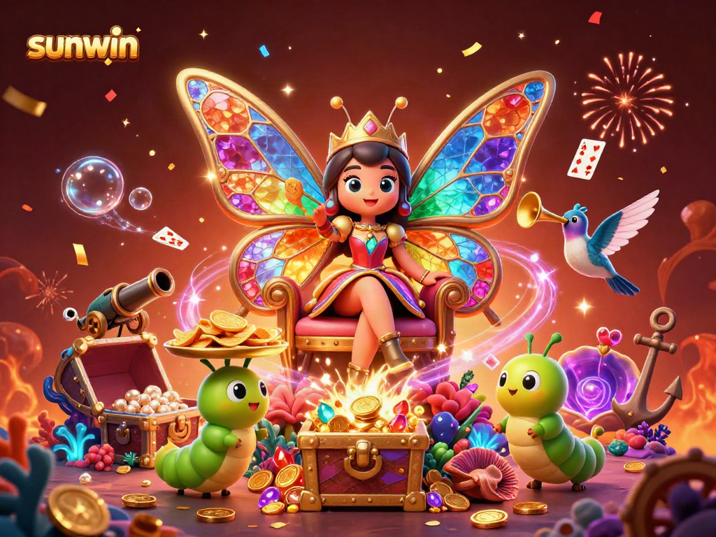 Experience the vibrant gaming universe of sunwin with the whimsical butterfly queen and dazzling treasures.