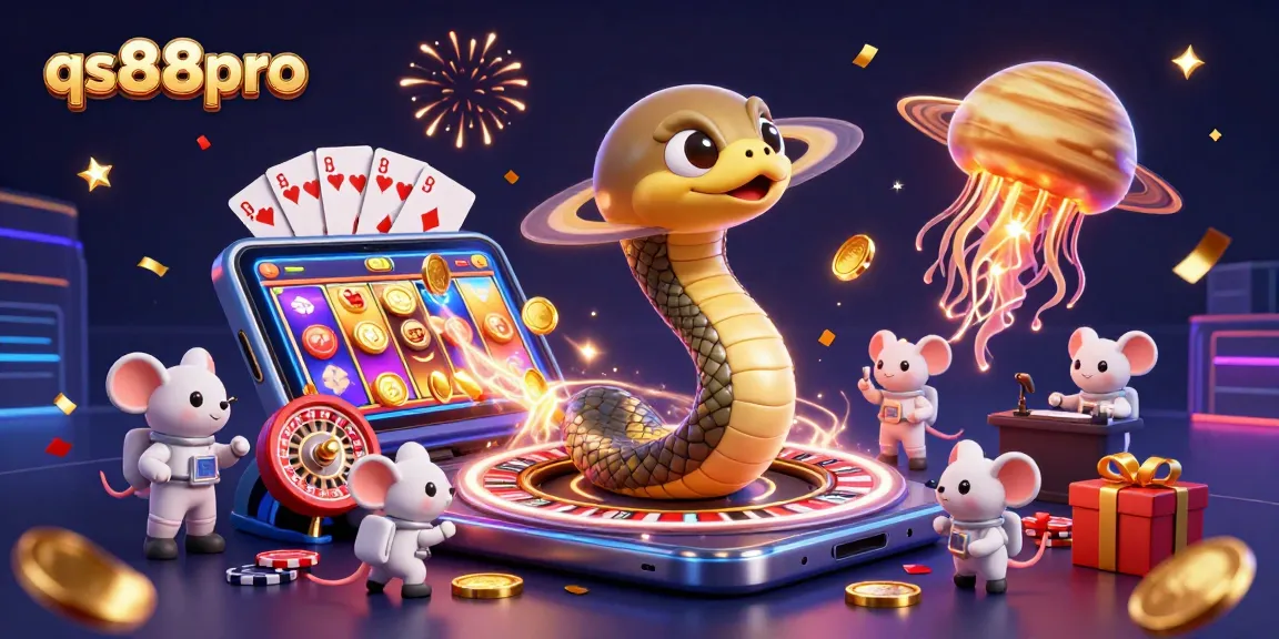 Engage with qs88pro's cosmic gambling scene featuring 3D characters and thrilling casino elements.