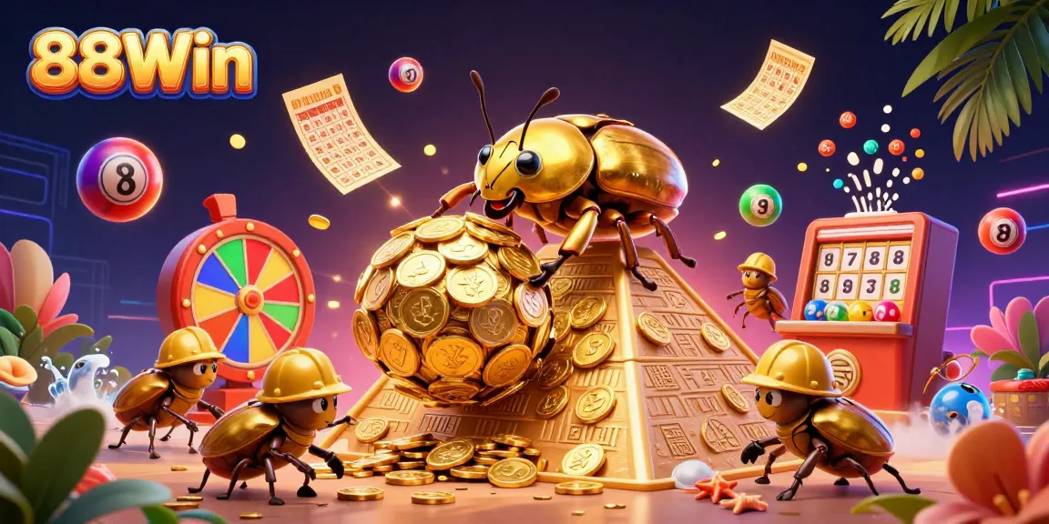 88Win showcases a golden dung beetle rolling coins amid vibrant lottery elements, symbolizing excitement in gaming.