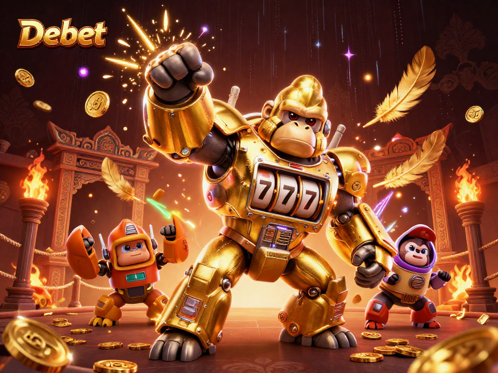 Experience winning moments with Debet's spectacular golden gorilla mech in dramatic gambling scene