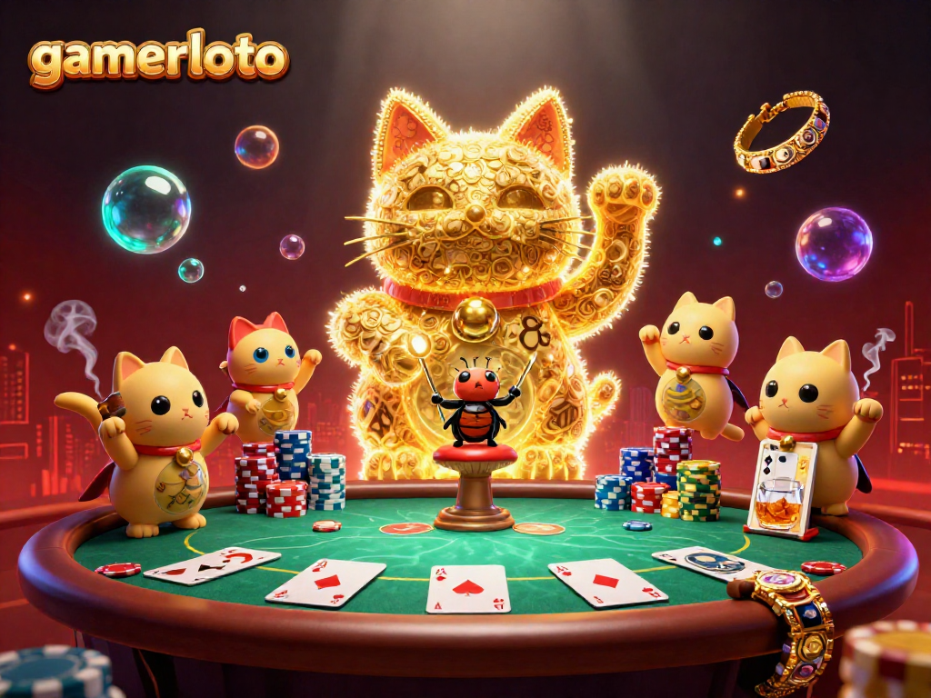 Engage with gamerloto's thrilling casino spectacle, featuring a lucky cat formation and dynamic poker elements.