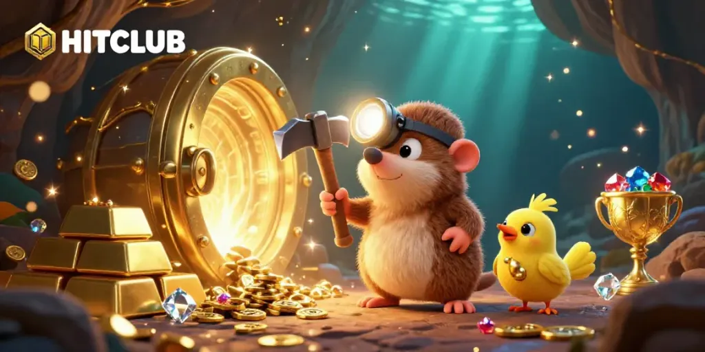 Experience HITCLUB excitement as a treasure hunting mole and canary seek gems in a vibrant casino cave.