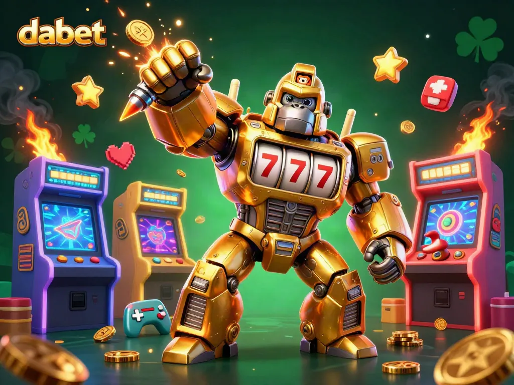 Join thrilling gameplay at dabet featuring a golden gorilla mech amidst vibrant casino elements.