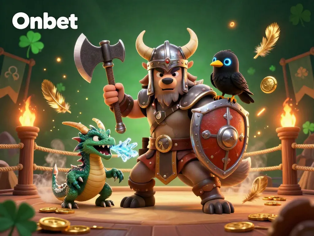 Engage in thrilling gameplay with Onbet's Viking warrior and fierce dragon in a dynamic betting arena.