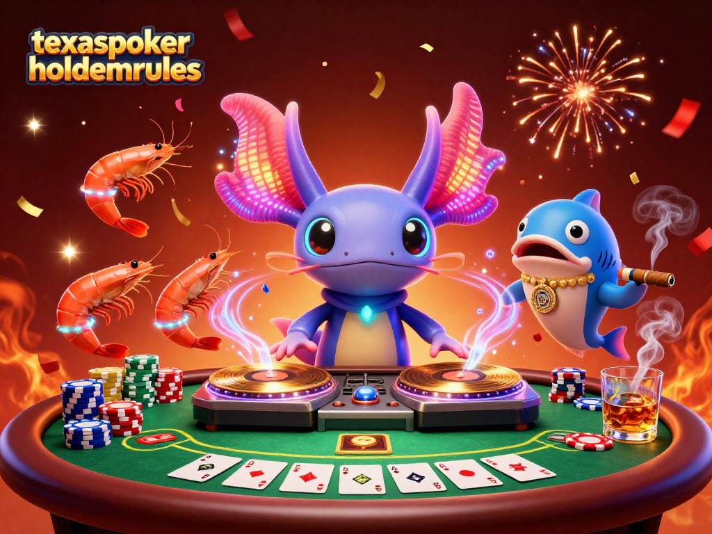 Engage with texaspokerholdemrules as a colorful axolotl DJ leads the ultimate poker party.
