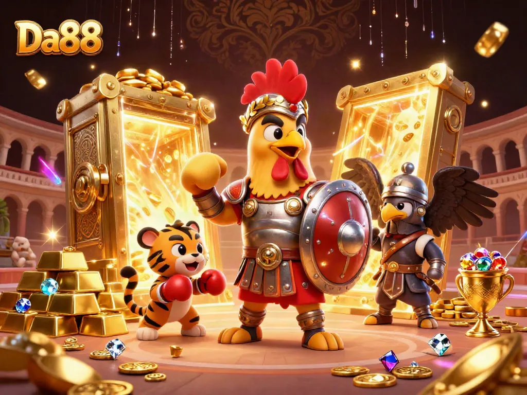 Experience thrilling moments at Da88 with a triumphant gladiator rooster amidst gold treasures and vibrant casino elements.