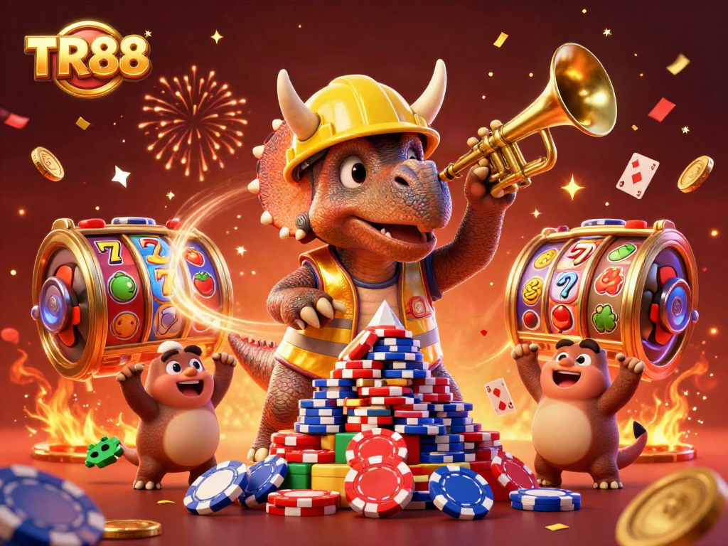 Join TR88 for exciting gambling fun with a triceratops building poker chips amidst casino celebrations.