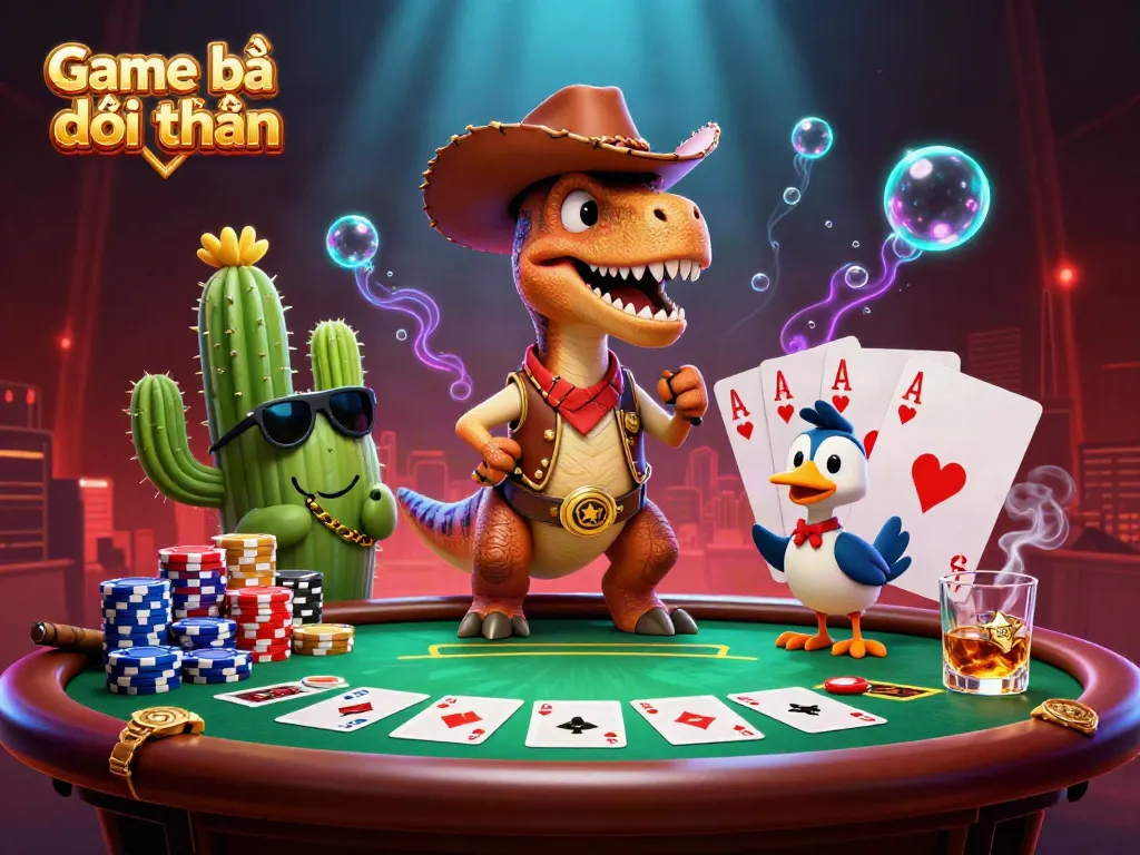 Engage with vibrant Game bài đổi thưởng scene featuring cartoon dinosaur, cactus, and roadrunner amidst casino elements.