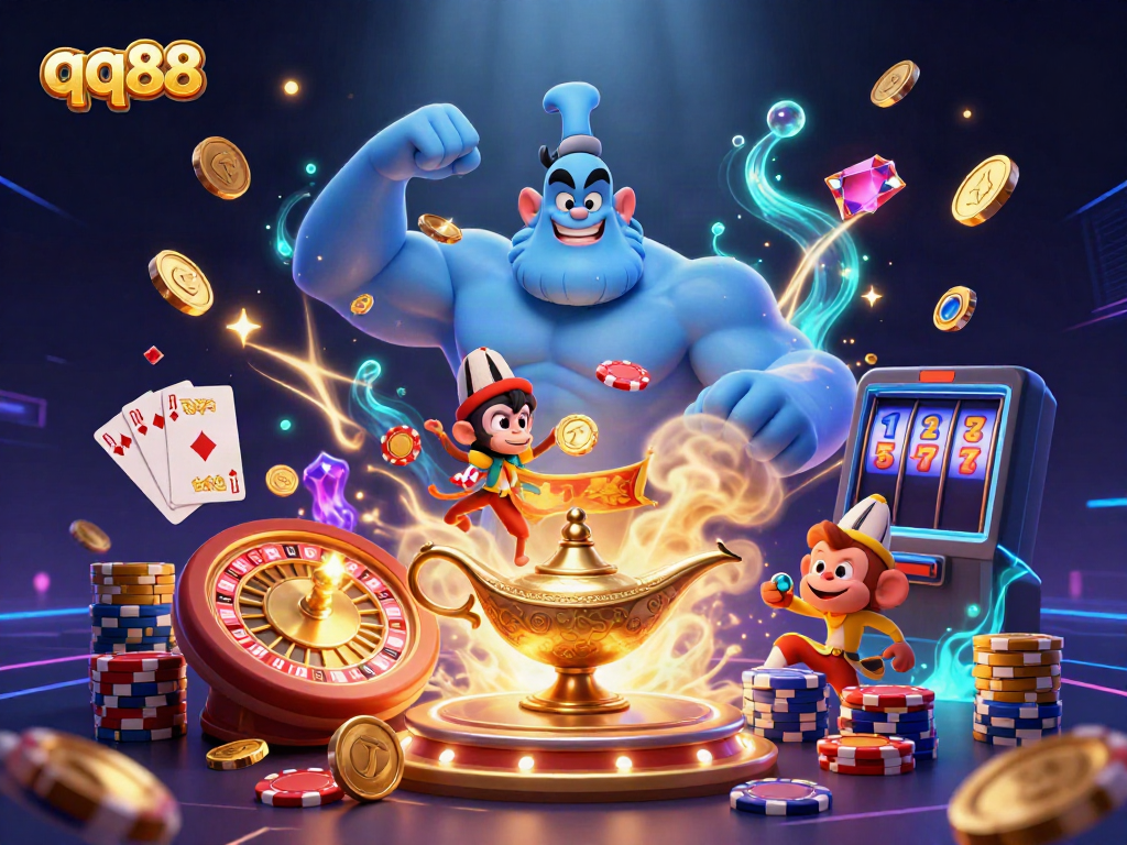 Experience the magic of qq88 with a vibrant 3D scene featuring a genie, poker chips, and sparkling treasures.
