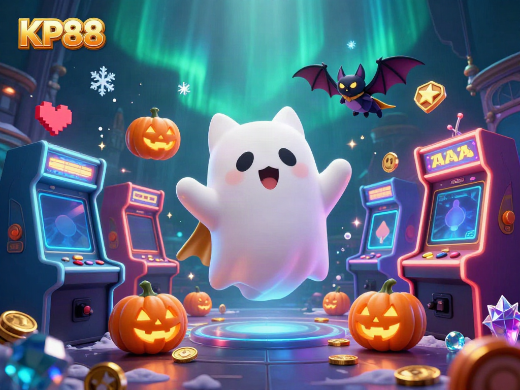 Experience KP88's haunted casino realm with a ghost cat and bat, showcasing dynamic gaming elements.