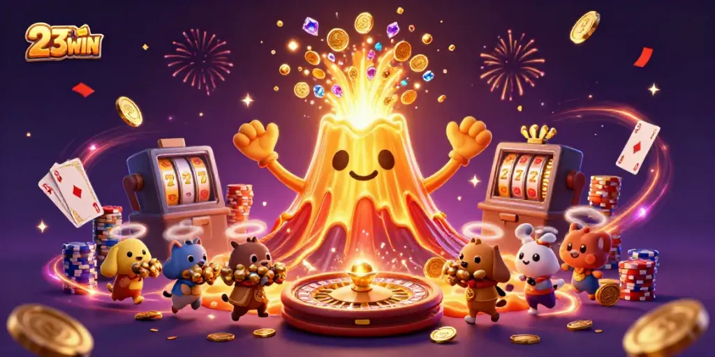 Experience the excitement of 23WIN with treasures and casino vibes in a vibrant 3D scene.