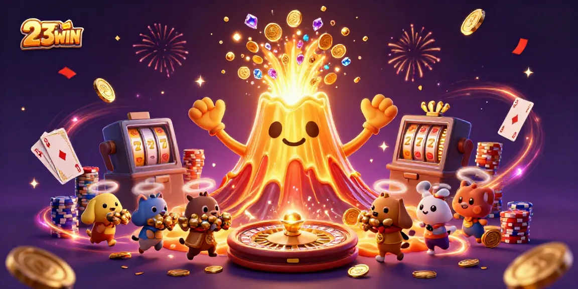 Experience the excitement of 23WIN with treasures and casino vibes in a vibrant 3D scene.